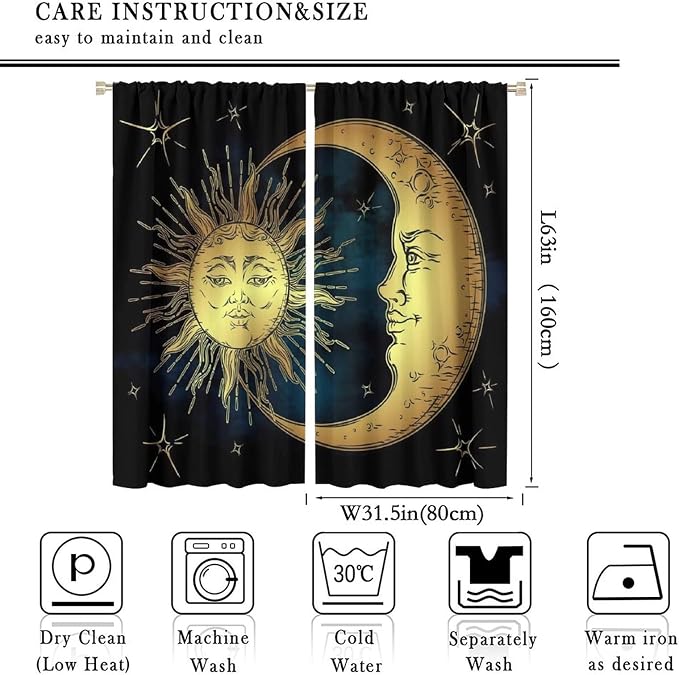 Sun Moon Blackout Windows Curtains, Boho Chic Art Golden Sun Moon and Stars Over Blue Black Sky Antique Style Curtains, for Living Room Bedroom 63x63in 2 Panels