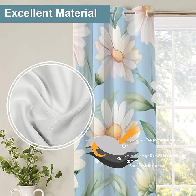 Shrahala Daisies Leaves Thermal Insulated Blackout Window Curtains, White Daisies On Blue Long Drapes for Bedroom/Living Room with Plastic Grommet, 52X84 Set of 2
