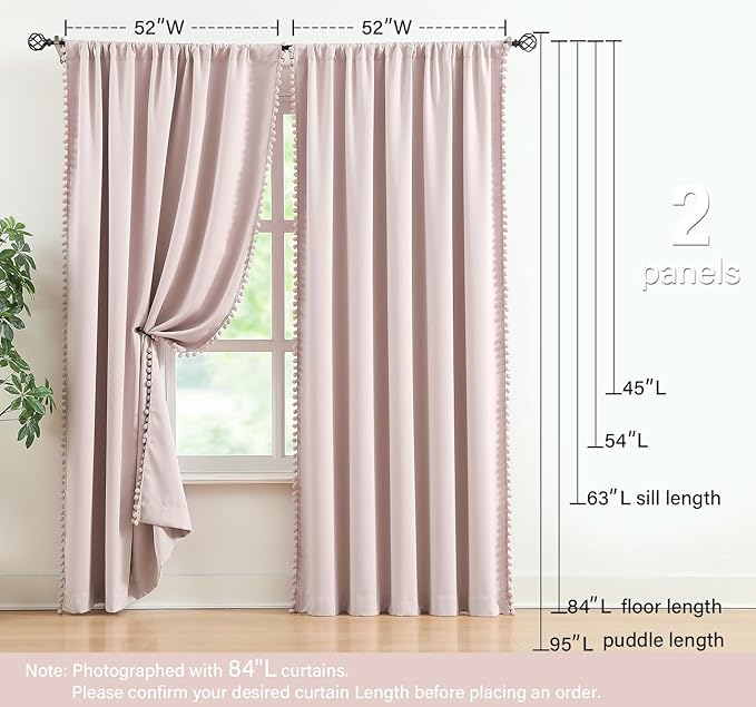 Treatmentex Pompom Blackout Curtains for Bedroom Pink Girls 90 inch Energy Efficient Thermal Insulated Living Room Darkening Curtain Panels for Kitchen Nursery Room 52" w x2 Panels Rod Pocket