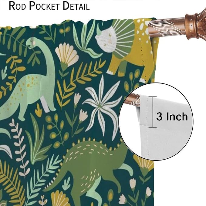 YCness Tropical Dinosaur Curtains for Boys Girls Children Nursery Playroom Room Decor Cute Cartoon Dino Flowers Art Printed Window Drapes Decor Fabric Set 2 Panel 63x63 Inch 80% Shading Rate