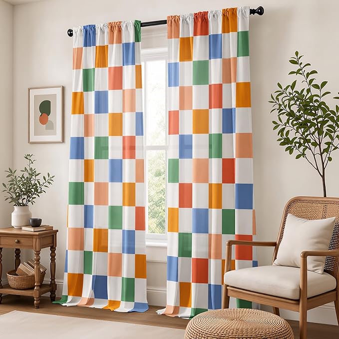 Colorful Checkered Curtains for Bedroom,Rod Pocket 60s 70s Semi Sheer Curtains Farmhouse Retro Checkerboard Light Filtering Drapes for Living Room,Set of 2 Window Curtain Panels,52 x 84 Inch