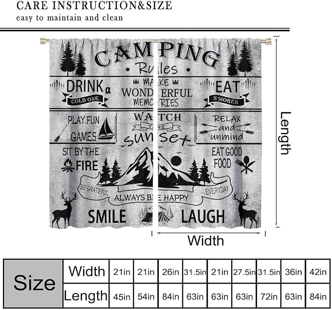 Farmhouse Camping Rules Blackout Curtains Vintage Rustic Vintage Farm Black and White Deer Mountain Adventure Forest Windows Treatments for Kitchen Farm Living Room Bedroom 63x72in