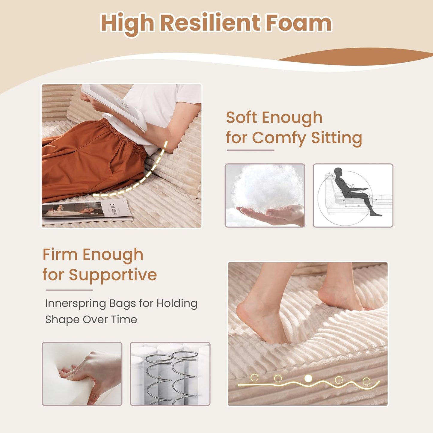 HOOOWOOO Cloud Sectional Couches for Living Room,Modular Sectional Sofa No Assembly,138X108 Inch Plush Corduroy Large L Shaped Floor Couch Set with Deep Seat(Beige)