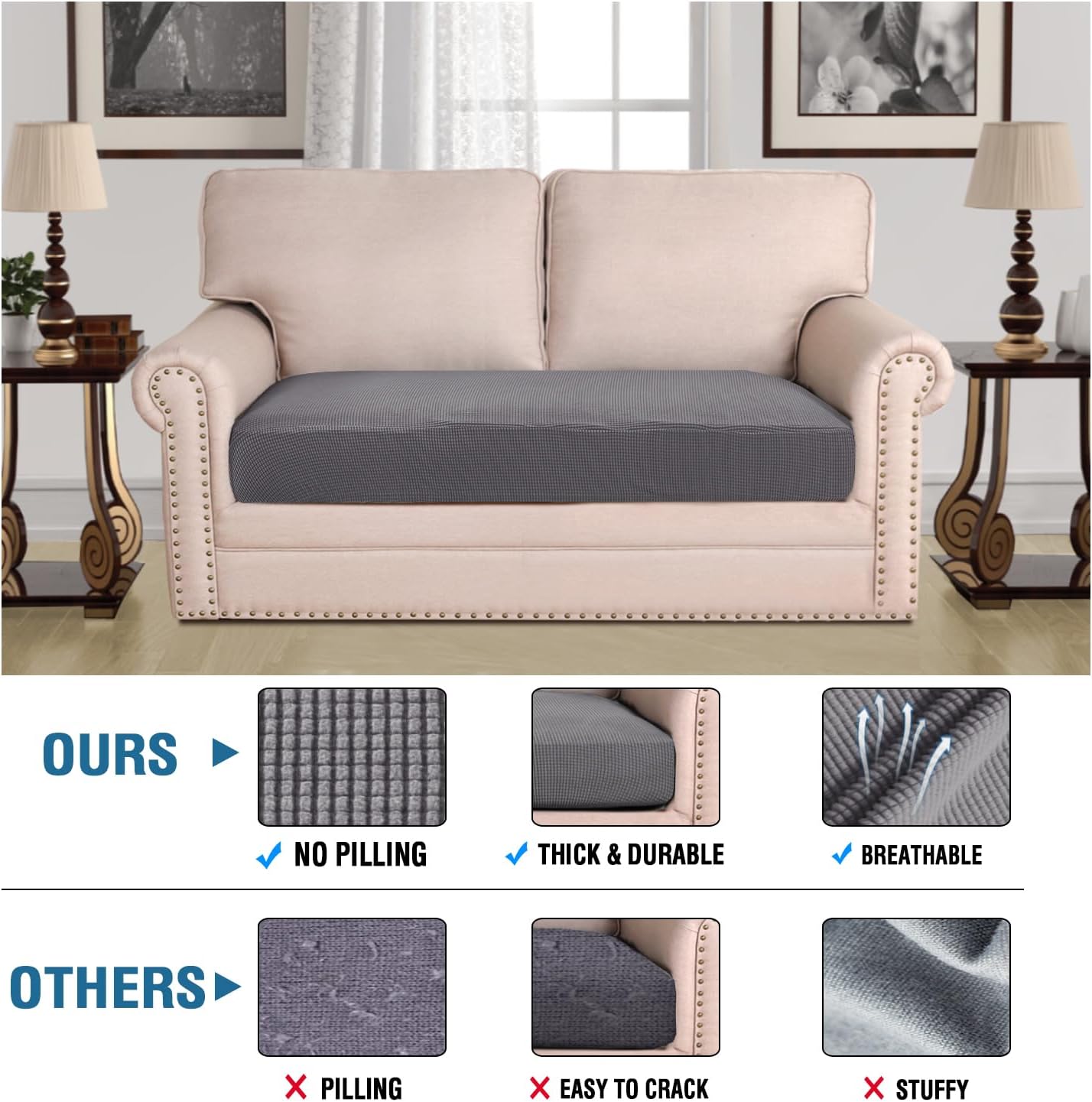 H.VERSAILTEX Super Stretch Individual Seat Cushion Covers Sofa Covers Couch Cushion Covers Slipcover Sets Thick Jacquard Textured Twill Fabric (1 Piece Loveseat Cushion Cover, Grey)