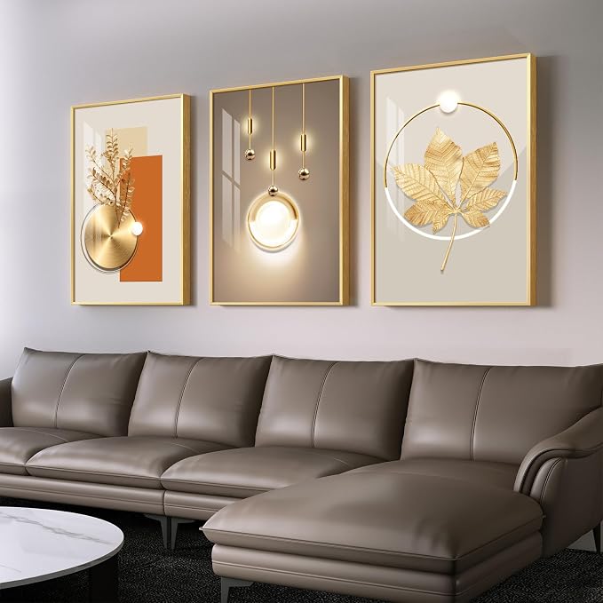 Framed Modern Luxury Gold Wall Art for Living Room, Set of 3 Piece Contemporary Paintings Artwork for Walls, Golden Prints Pictures with Gold Frame, Wall Decor for Home Office - Total 30" x 60"