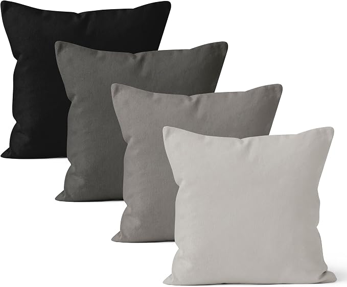 Encasa XO Throw Pillow Covers 18x18 in Set of 4 Grey Combo | No Inserts | Cotton Pillow Covers for Living Room, Bed, Sofa, Couch | Decorative Cushion Covers with Improved Zipper