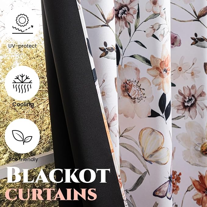 Floral Print 100% Blackout Curtains 84 inch Long 2 Panels, White Botanical Pattern Thermal Insulated Room Darkening Window Drapes, Grommet Top Privacy Curtains for Bedroom Living Room, 52"W x 84"L