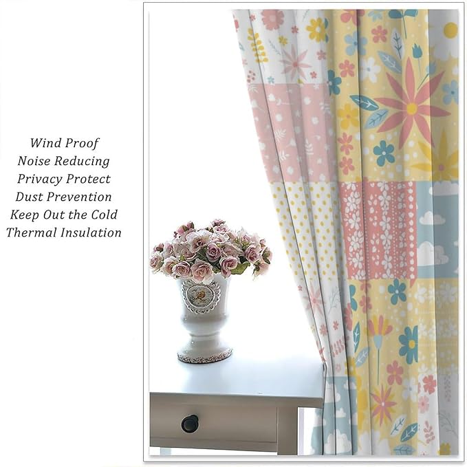 Boho Patchwork Floral Blackout Curtains Retro Rustic Flowers Plants Vintage Farmhouse Print Window Drapes for Bedroom Living Room Kitchen Cafe （W21xL45 Inch） x2 Panels