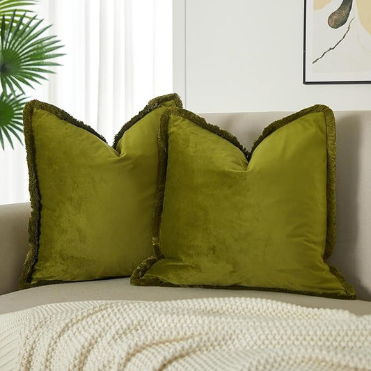 JUSPURBET Olive Green Decorative Velvet Fringe Throw Pillow Covers 20x20 Set of 2 Boho Soft Cushion Case for Home Decor Living Room Couch Sofa Bed