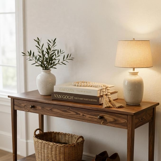 3-Piece Decorative Books for Home Decor with Wood Bead Garland - Stackable Linen Faux Book Box for Coffee Table Styling, Real Fabric Cover Fake Books with Tassel as Display Riser for Shelf