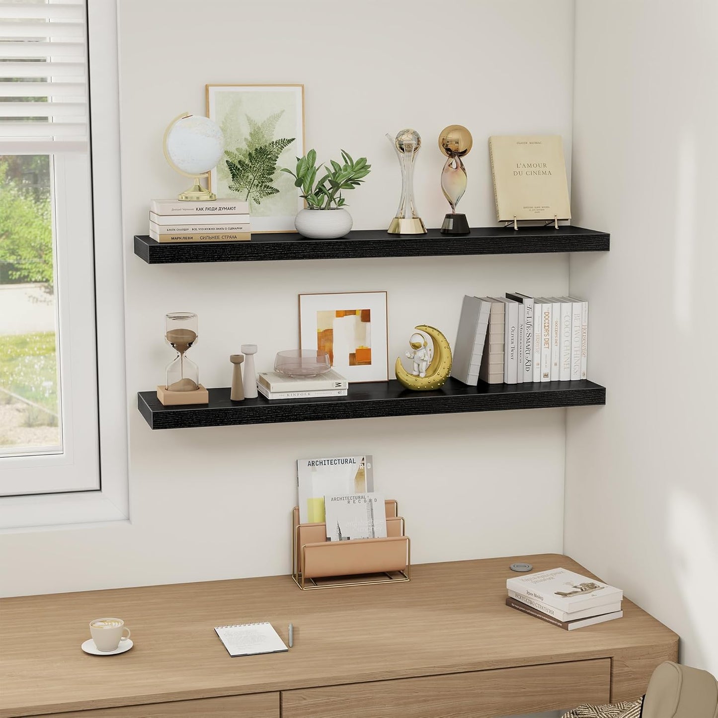 Black Floating Shelves Wall Shelf 40 Inch, 8 Inch Deep Floating Shelf for Wall, Farmhouse Black Wood Shelves Invisible Bracket for Living Room, Bedroom, Kitchen, 40 x 8 x 1.4 Inch, Set of 2