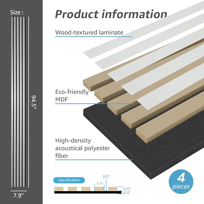 Art3d 4-Piece Wood Slat Acoustic Panels for Stylish Decor and Noise Reduction, 3D Textured Panel for Ceiling and Wall, Brushed Silver