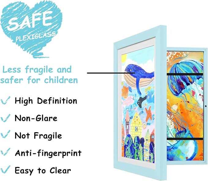 KINLINK 10x12.5 Kids Art Frame 2 Pack, Solid Wood Artwork Frames Changeable, Front Opening Hold 150 Pictures, Art Frames for Kids Artwork, 8.5x11 with Mat 10x12.5 without Mat, Picture Frames Light Blue