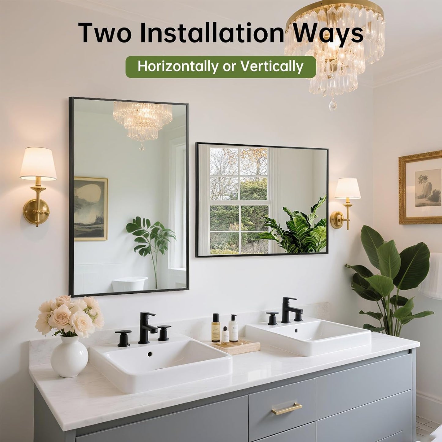 FARMER 24x36 Inch Black Bathroom Mirror, Rectangle Wall Mounted Mirror, Vanity Mirror, Brushed Square Mirror, Framed Bathroom Mirror for Bedrooms, Entryways, Living Rooms, Horizontal/Vertical