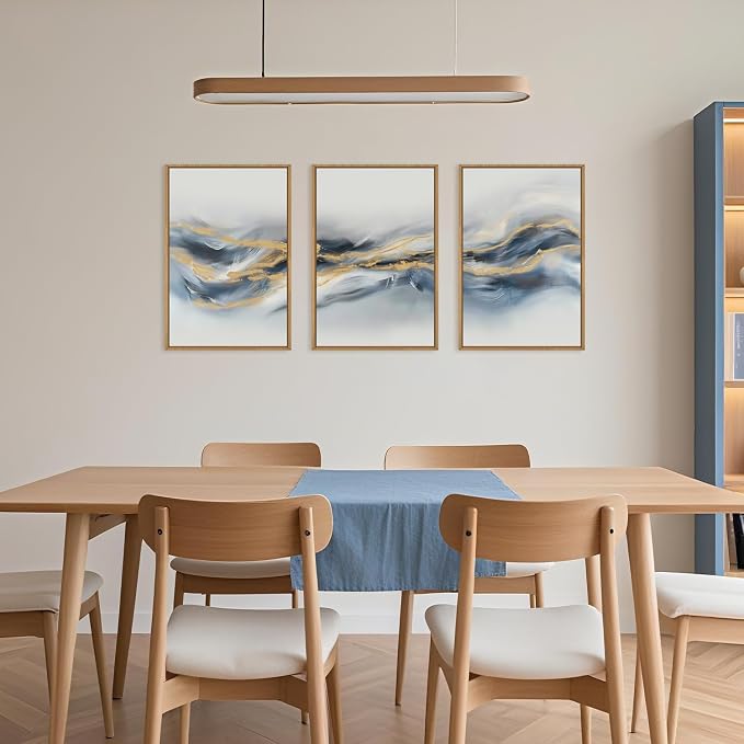 Large Abstract Navy Blue Gold Framed Canvas Wall Art,Watercolor Brush Stroke Wall Decor,Neutral Geometric Wave Artwork,Modern Minimalist Shape Art Print for Living Room,Bedroom,Office-16"x24"x3