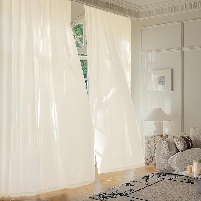 FMFUNCTEX Sheer Non-See-Through Butter Cream Curtains for Bedroom, Sliding Door Curtains 84 Inches Long Window Curtain Drapes for Living Room, Patio Glass Door Extra Wide Curtain, Rod Pocket 1 Panel