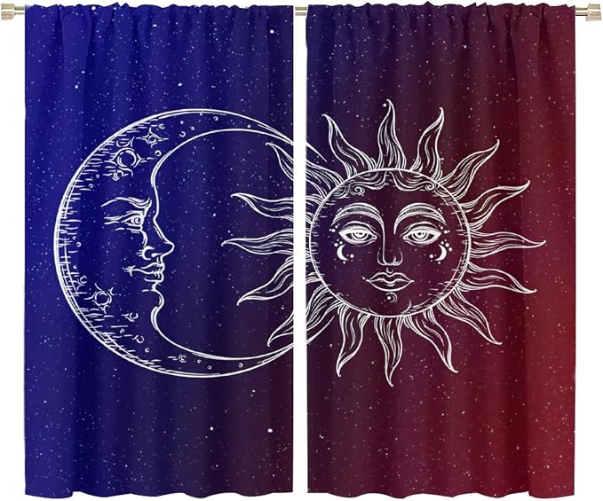 Sun Moon Blackout Windows Curtains, Burning Sun Moon Red Blue Cosmic Galaxy Bohemian Curtains, for Living Room Bedroom 72x63in 2 Panels