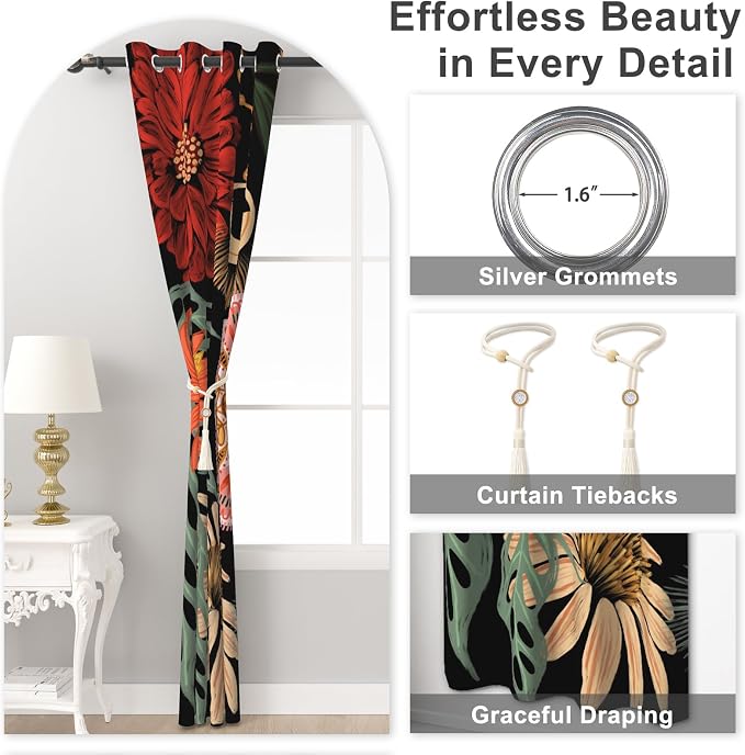 Boho Blackout Curtains for Bedroom, Bohemian Floral Black Living Room Curtains 84 Inch Length 2 Panels Set, Thermal Insulated Light Filtering Soundproof Black Out Window Drapes with Curtain Tiebacks