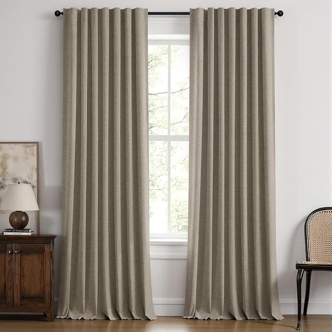 MIULEE 100% Blackout Linen Curtains for Bedroom, Faux Linen Solid Luxury Decor Thermal Insulation Room Darkening Drapes for Living Room Back Tab Rod Pocket 42 x 96 Inches, 2 Panels