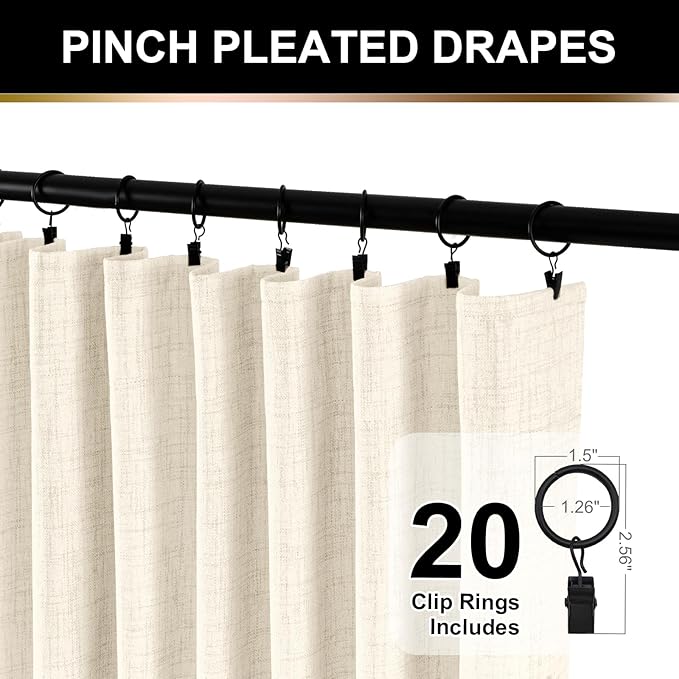 100% Blackout Shield Full Blackout Curtains for Bedroom 72 inch Length 2 Panels Set, Clip Rings/Rod Pocket Faux Linen Black Out Curtains for Living Room, Thermal Insulated, 50Wx72L, Cream