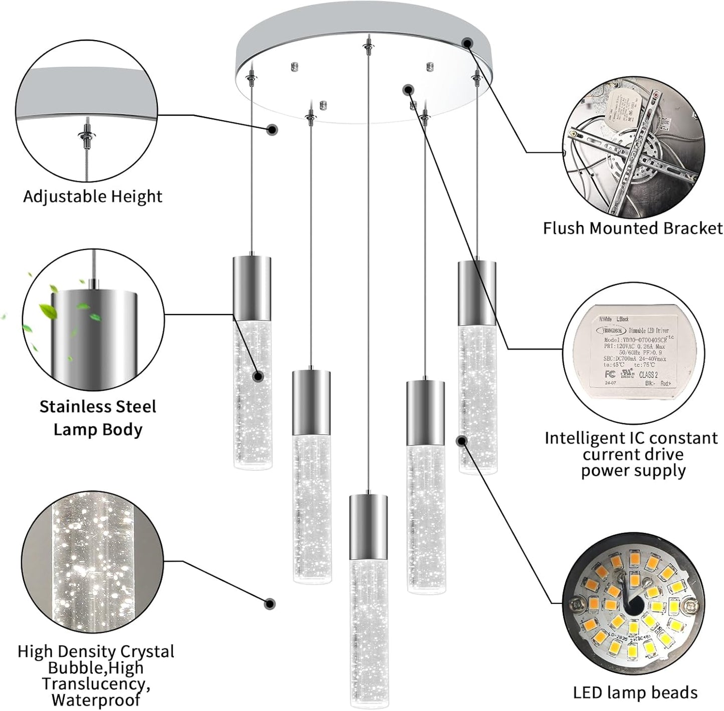 OKELI 5-Light Pendants Light for Kitchen Island Dining Room, 6000K Bubble Crystal Modern LED Kitchen Hanging Lights, 30W Chrome Pendant Lighting Fixture, Round