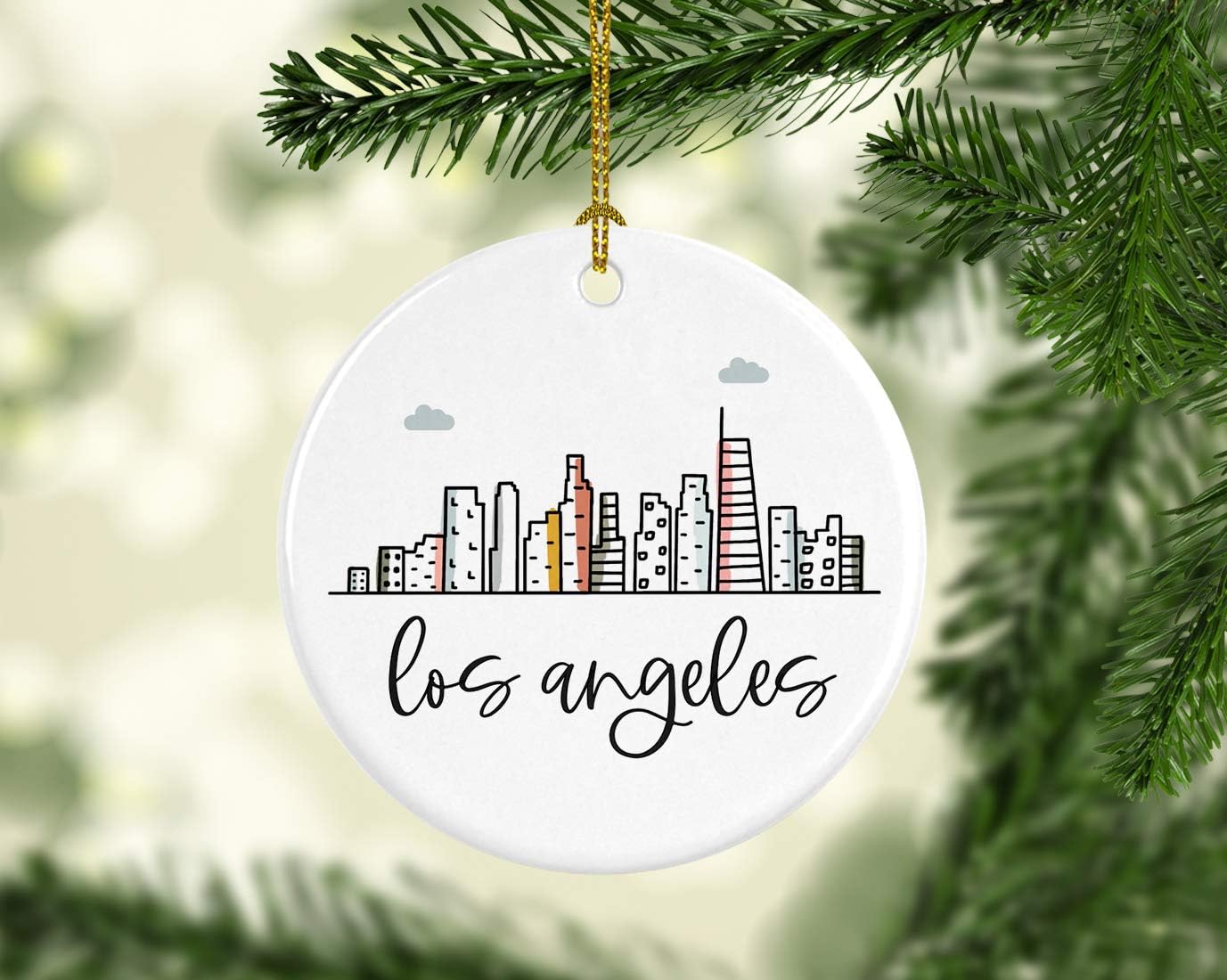 Andaz Press Round Ceramic Porcelain Christmas Tree Ornament Keepsake Gift, Los Angeles, Colorful City Skyline Graphic, 1-Pack, Birthday Ideas Family Coworker Him Her, Includes Gift Box