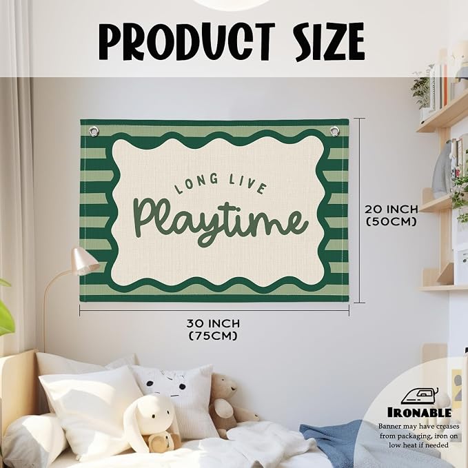 Playroom Decor, Long Live Playtime Banner, Boho Rainbow Linen Banner Wall Hanging Banner Flag Decor for Toddler Boy Kids Room Nursery Playroom, Green