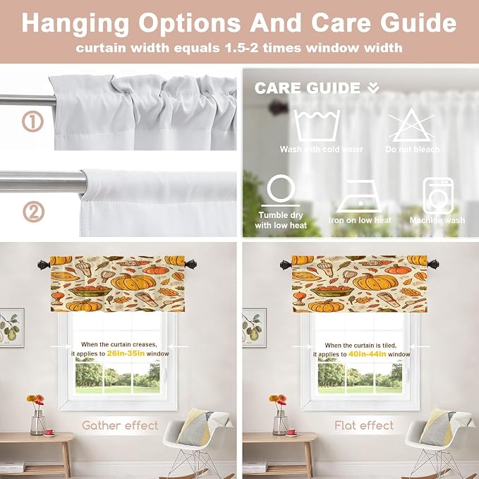 Shrahala Thanksgiving Seamless Pattern Blackout Short Curtains for Windows, Pumpkin Apple Pear Leaves Kitchen Valance Thermal Insulated Rod Pocket Window Treatment for Bathroom 2 Pack 52 X 16 in