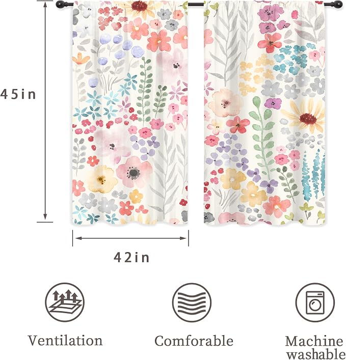 Riyidecor Colorful Floral Curtains Pink Cute Boho Wildflower Watercolor Plant Leaves Botanical Trendy Rod Pocket Pretty Aesthetic for Girls Bedroom Living Room Treatment Fabric 2 Panels 42Wx45H Inch