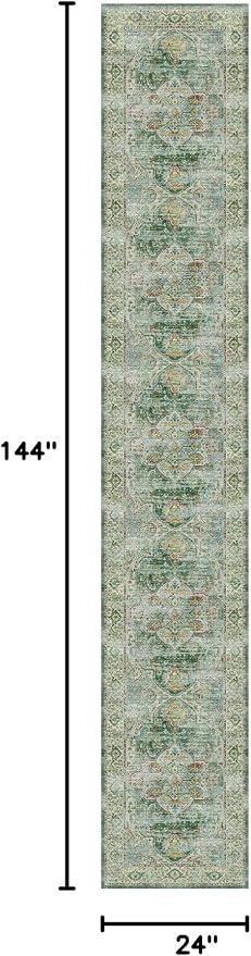 Madane Washable Runner Rugs 2x12 Long for Hallway Kitchen Soft, Green | Non-Slip Vintage Printed 12ft Rug Runners with Rubber Backing, Low-Pile Floor Carpet Laundry Room Entryway, Corridor