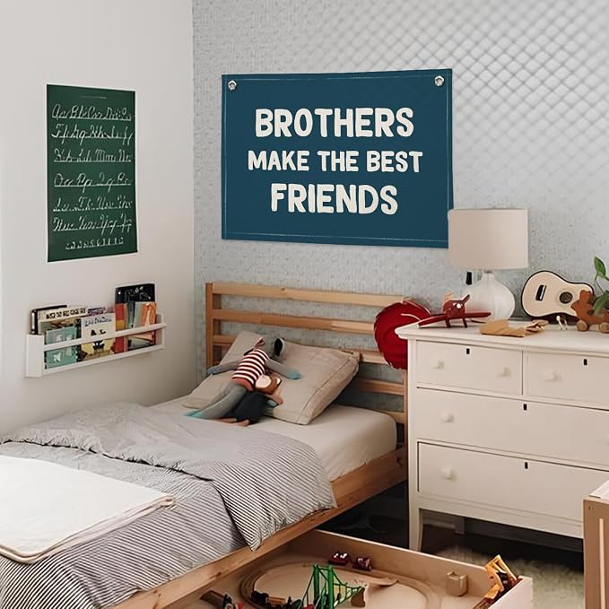 Brothers Make The Best Friends Banner, Boys Room Decor, Toddler Boy Linen Banner Wall Hanging Flag Decor for Nursery 20x30 - Navy Blue