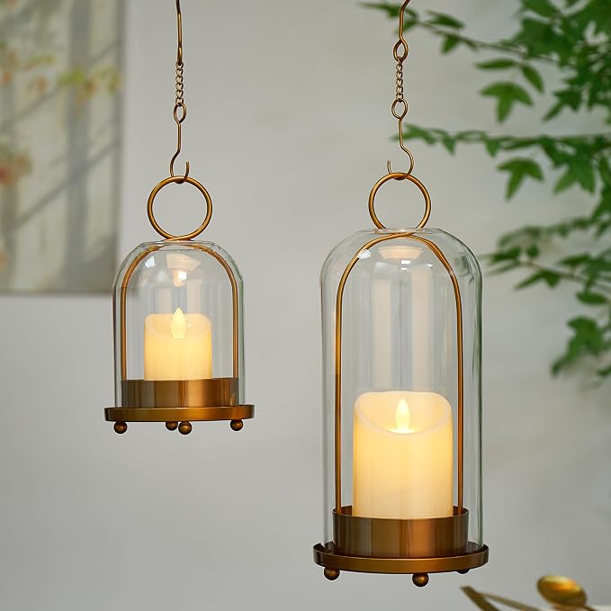 Hurricane Candle Holders Set of 2, 5" & 4" Metal and Glass Candle Lantern with Clear Dome for Pillar Candle, Wedding & Christmas Table Centerpiece, Farmhouse Home Decor (Brass, Large & Small)