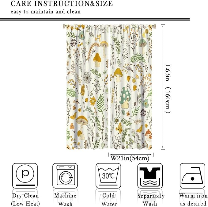 Wild Mushroom Curtains, Vintage Botanical Rustic Retro Wildflower Herbs Plants Green Mushroom Blackout Window Treatments for Living Room Kitchen Bedroom 42x63in