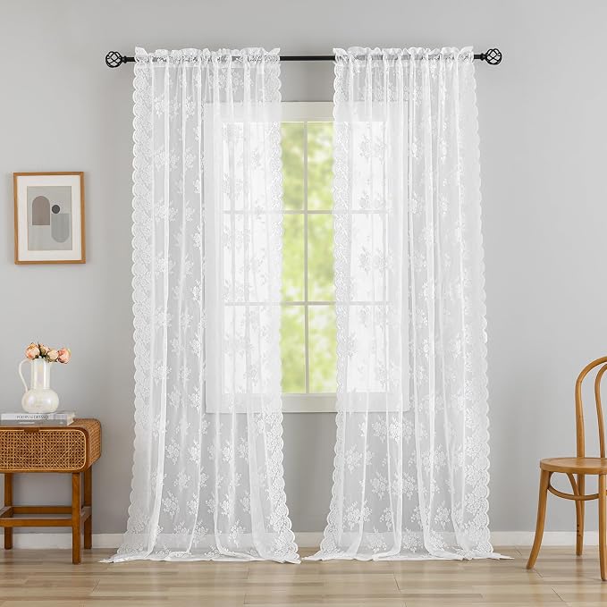 Kotile White Lace Curtains 108 Inches Long 2 Panels W52 x L108 Inch, Country Rustic Floral White Lace Sheer Curtains for Living Room, Rod Pocket Privacy Light Filtering Vintage Lacy Curtain 9FT