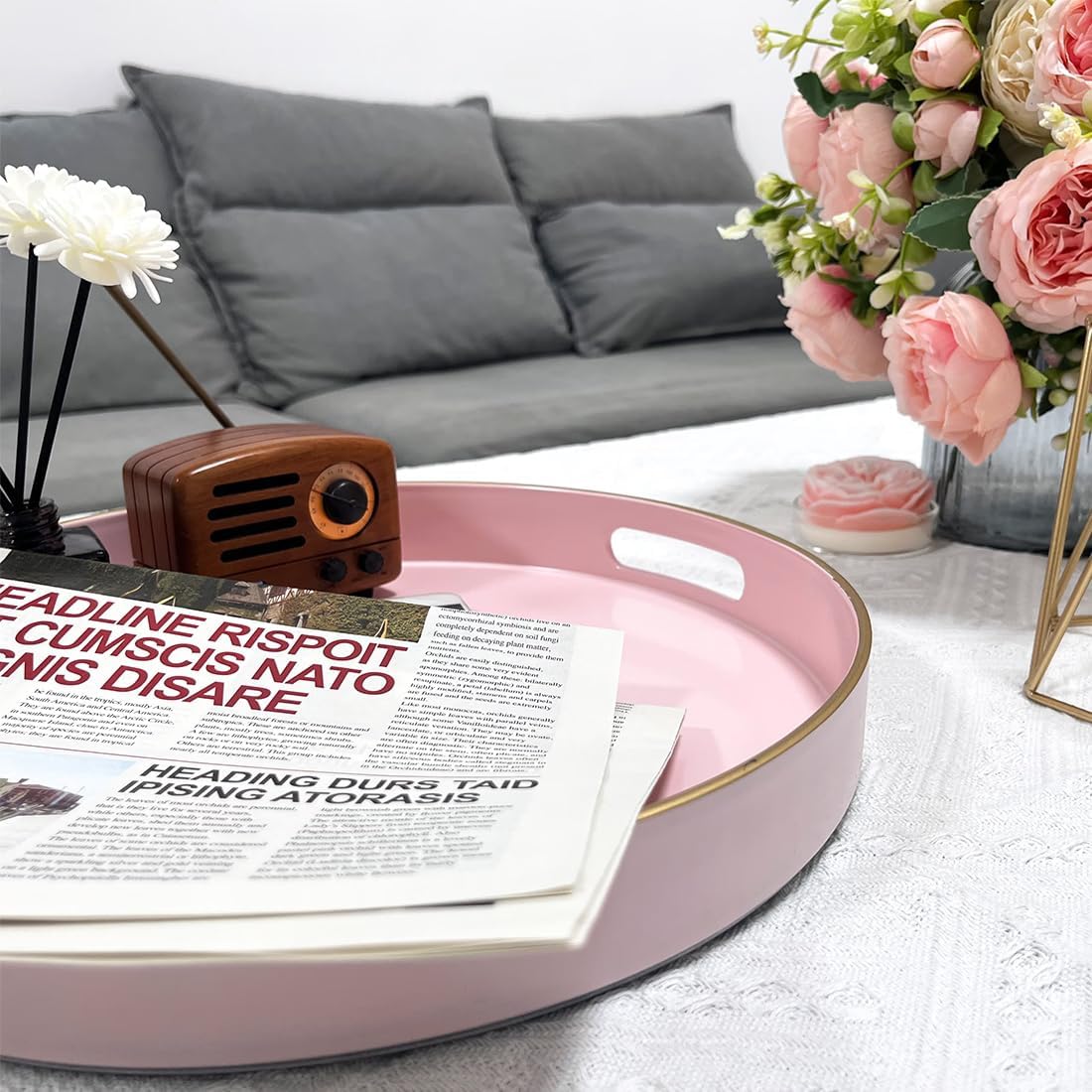 13" Pink Serving Tray with Handles,Round Decorative Tray for Coffee Table, Plastic Modern Coffee Table Tray for Ottoman, Living Room, Bathroom, Décor.