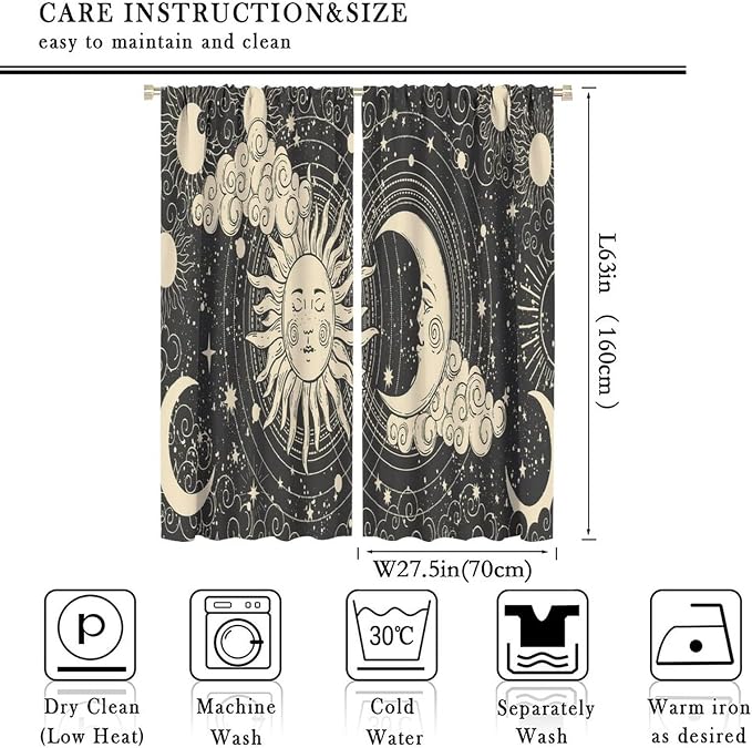Bohemian Sun Moon Blackout Windows Curtains, Golden Sun Crescent Moon and Stars Vintage Cosmic Galaxy Printed Curtains, for Living Room Bedroom 55x63in 2 Panels