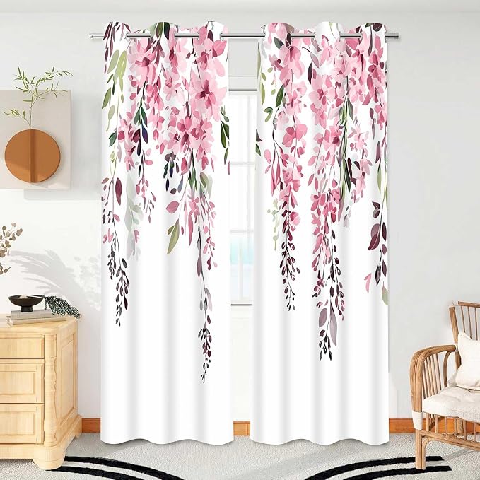 Pink Watercolor Floral Curtains, 42x72 inch, 2 Panels | Botanical Leaves Vine Flowers, Rustic Farmhouse Style, Blackout Window Treatment, For Bedroom Living Room