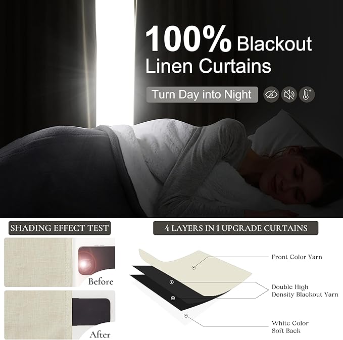 Floor to Ceiling Full Blackout Cream Linen 108 Inch Curtains 2 Panels Set for Sliding Glass Door, Luxury Pleated Thermal Window Drapes with Back Tab for Bedroom Thick Curtain 9 FT Room Darkening Burg