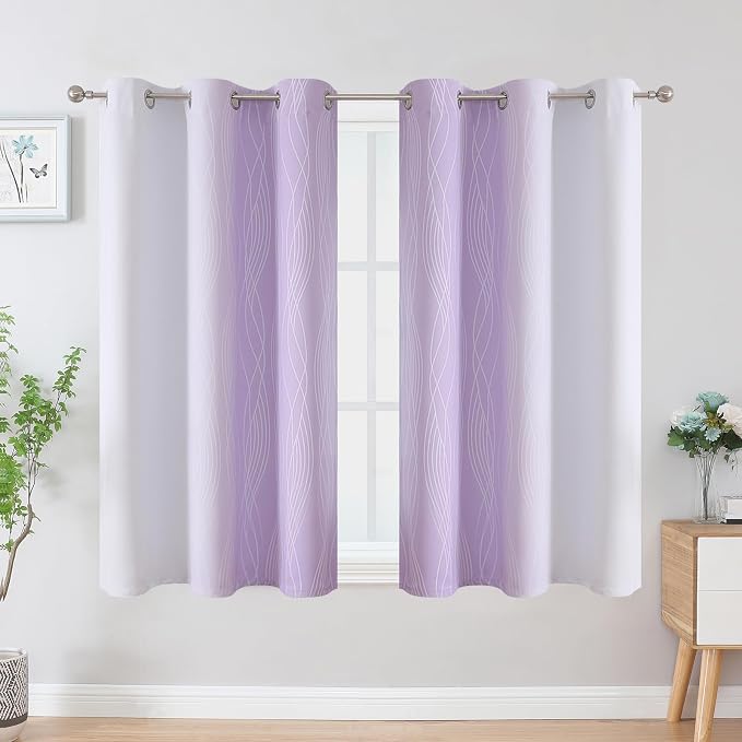 Estelar Textiler Lilac and Greyish White Ombre Blackout Curtains 45 Inch Length 2 Panels, Full Room Darkening Gradient Drapes for Bedroom, Thermal Insulated Grommet Short Curtains for Bathroom,42Wx45L