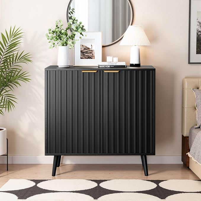 Set of 4 Fluted Storage Cabinet, Buffet Cabinet with Storage, Wood Sideboard with Adjustable Shelf, Modern Accent Cabinet & Console Table for Entryway, Living Room, Dining Room, Black