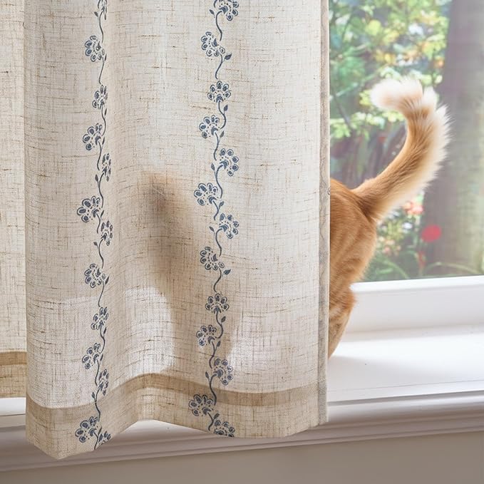 jinchan Katy Linen Floral Kitchen Curtains 36 Inches Length Stripe Cafe Curtains Farmhouse Cottagecore Tier Small Window Drapes for Living Room Light Filtering Rod Pocket 2 Panels Blue on Linen