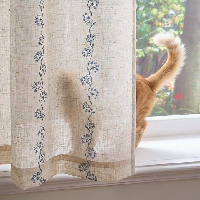 jinchan Katy Linen Floral Kitchen Curtains 24 Inches Length Stripe Cafe Curtains Farmhouse Cottagecore Tier Small Window Drapes for Living Room Light Filtering Rod Pocket 2 Panels Blue on Linen