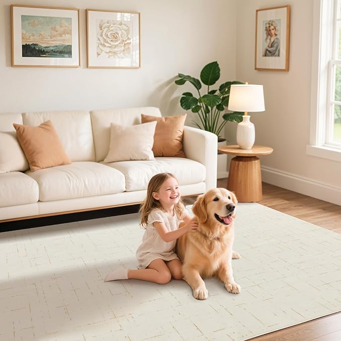 LIANLAM Washable Rug Area Rugs for Living Room - Stain Resistant Non-Slip Backing Boho Rug for Bedroom,Durable & Ultra-Thin Vintage Large Area Rug(4' x 6',White)