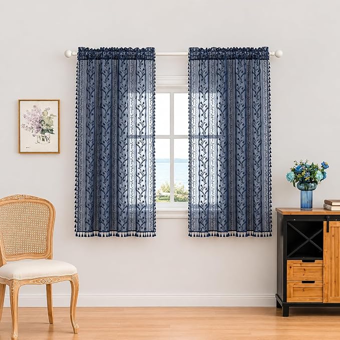 WAZZIO Boho Lace Curtains 2 Panels 63 Inch -Victorian Sheer Panel Drape French Country Floral Pattern & Tassel Light Filtering Privacy for Bedroom Dining Living Room,Coastal Decor,Navy Blue,W52x L63
