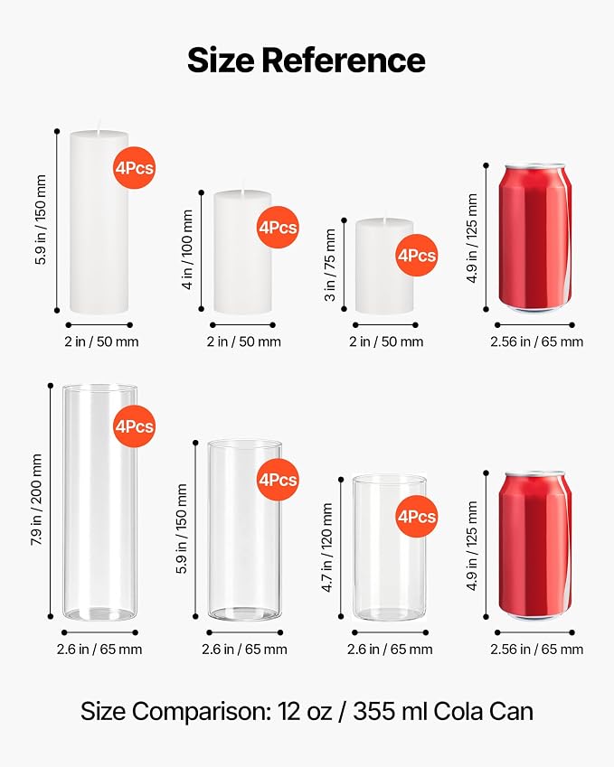 VEVOR Pillar Candles and Glass Vases Set 24 Pcs, Clear Cylinder Hurricane Candle Holders for Wedding Centerpieces, Tall Vase for Table Decor, Wedding Party, Thanksgiving,White (2.56" x 4.7",5.9",7.9")