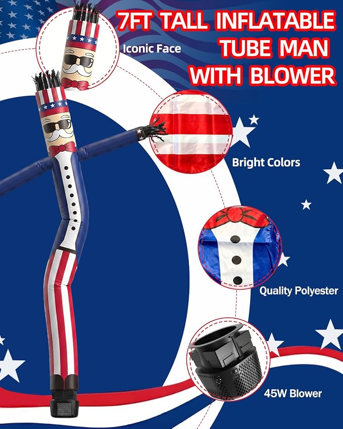 7 FT Inflatable Tube Man with Blower: Patriotic Inflatable Dancing Man for July 4th Yard Decor, Store Grand Opening, Indoor & Outdoor Holiday Party Celebrations (Blue)