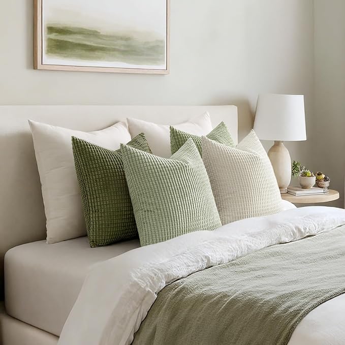 MIULEE Farmhouse Decorative Pillow Covers 20x20 Inch Set of 4 Light Green | Modern Natural Rustic Throw Pillows Neutral Warm Soft Corduroy Couch Pillowcases Home Decor for Sofa Living Room Bed