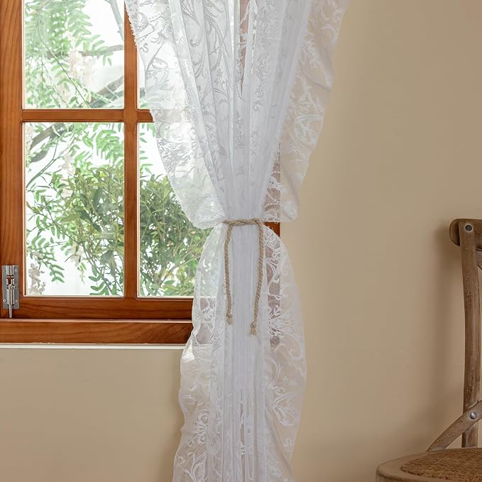 TUDECO White Sheer Curtains 72 Inch Length - French Ruffle Embroidered Lace Curtains for Doorway Room Divider for Room Separation Rod Pocket Victorian Decor Privacy Drapes, 1 Pair, 59 x 72 Inch