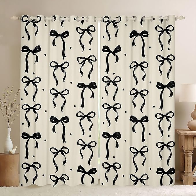 Feelyou Girls Bow Blackout Curtains Black Bowknot Darkening Drapes for Bedroom Living Room Coquette Aesthetic Thermal Insulated Shades Kawaii Princess Style Window Treatments, 2 Panels 52 x 90 Inch