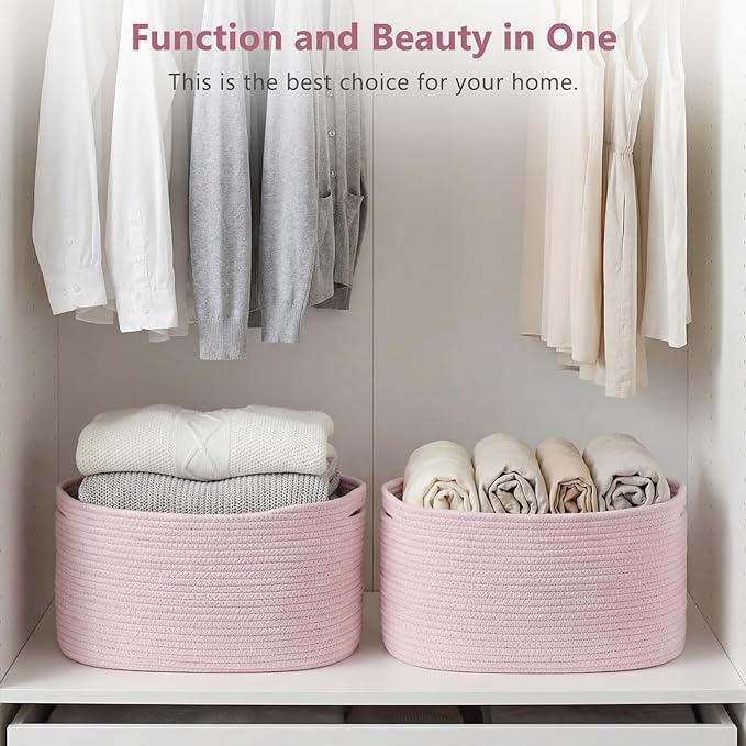 ECDYQXVU Cotton Rope Storage Basket, 15x10x9 Inches, Woven Basket for Shelves, Clothes, Towels, Books, and Laundry, Light Pink (3 Pack)